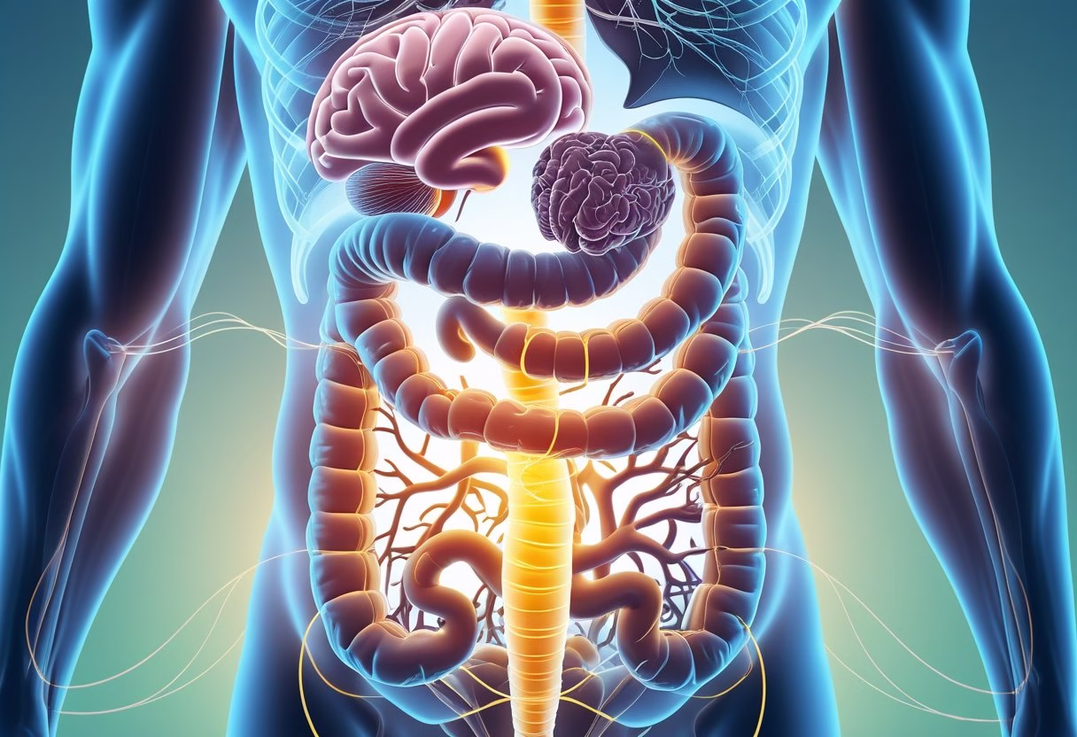 Illustration showing a human torso with highlighted gut and brain connected by glowing neural pathways, symbolizing the link between gut health and anxiety.