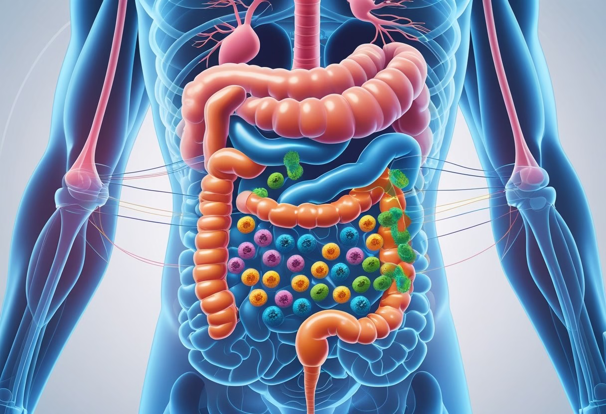 Illustration showing a human torso with intestines highlighting healthy and imbalanced gut bacteria connected to a brain symbolizing anxiety.